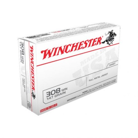 Winchester USA 308 Win 147gr FMJ Ammunition, 20 Round Box - USA3081