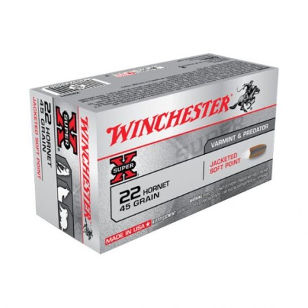 Winchester 22 Hornet 45gr JSP Ammunition, 50 round Box - X22H1