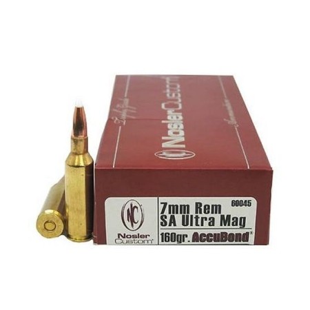 Nosler Trophy Grade 7mm Remington Short Action Ultra Magnum 160 Grain AccuBond Brass Cased Centerfire Rifle Ammo, 20 Rounds, 60045