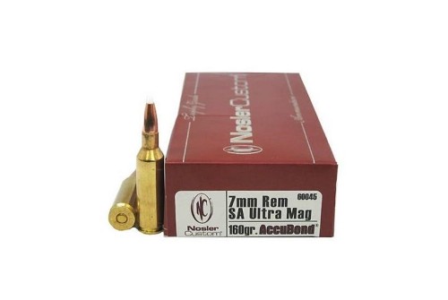 Nosler Trophy Grade 7mm Remington Short Action Ultra Magnum 160 Grain AccuBond Brass Cased Centerfire Rifle Ammo, 20 Rounds, 60045