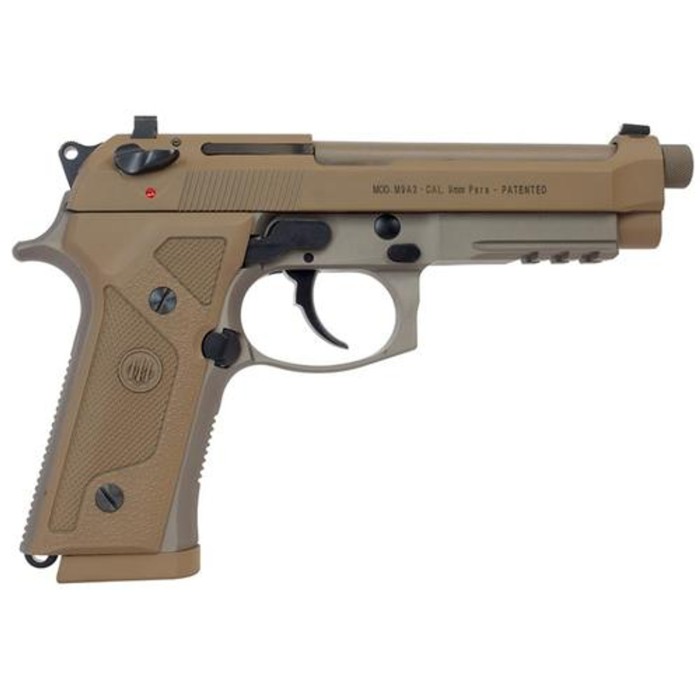 Beretta M9A3, Semi-Automatic Pistol, Full Size, 9mm, 4.9" Threaded Barrel, Alloy Frame, Flat Dark Earth Finish, Vertec-Style Thin Grip, 3-Slot Picatinny Rail, Decocker, Tritium Night Sights, 2 Magazines, 17 Rounds