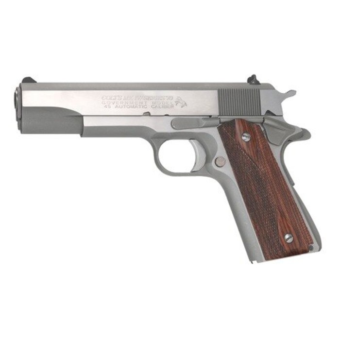 Colt Series 70 Govt 1911 45 ACP 5" Barrel, Double Diamond Rosewood Grip Brushed SS, 7rd