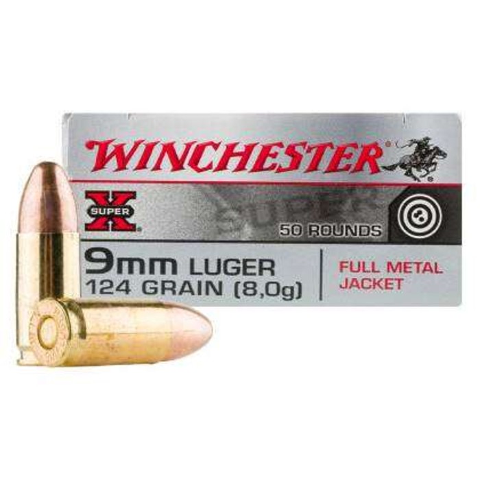 Winchester SUPER-X 9mm Luger 124 Grain Full Metal Jacket Brass Cased Pistol Amm, 50 Rounds, W9MM124