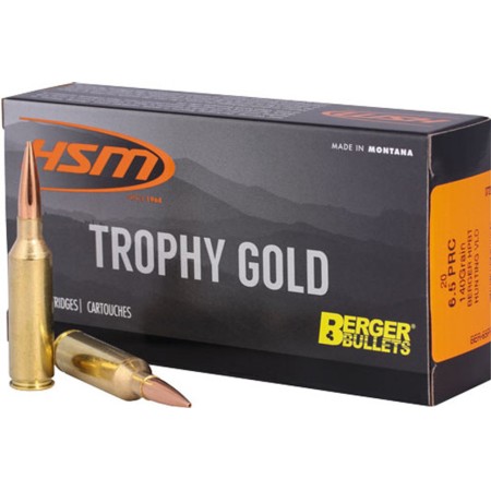 HSM Ammunition Trophy Gold 6.5mm PRC 130 Grain Jacketed Hollow Point Brass Cased Rifle Ammo, 20 Rounds, 65PRC130VLD