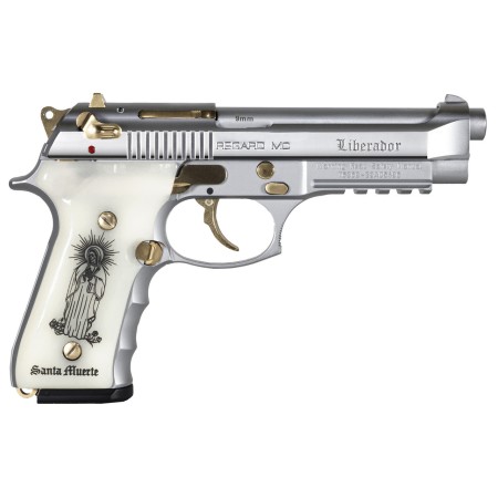 Girsan Regard Liberador 9mm, 4.9" Barrel, White Engraved Ivory Grips, Gold Accents, 18rd