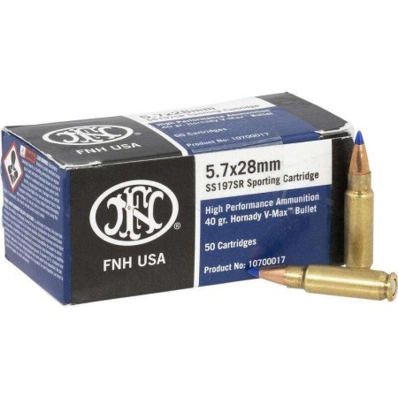 FN America SS197SR 5.7x28mm 40 Grain Hornandy V-Max Brass Cased Pistol Ammo, 500 Rounds, FN10700015