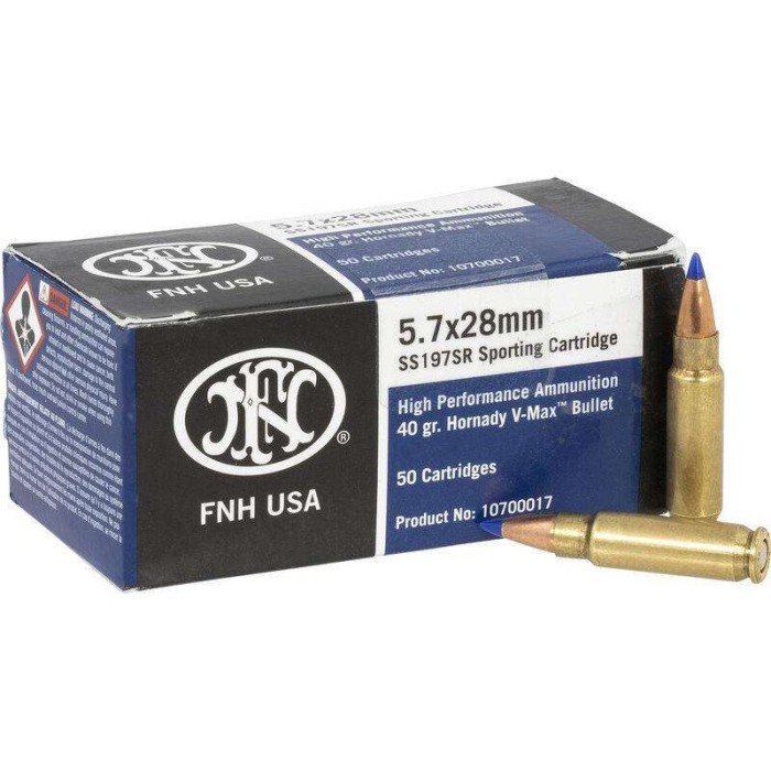 FN America SS197SR 5.7x28mm 40 Grain Hornandy V-Max Brass Cased Pistol Ammo, 500 Rounds, FN10700015