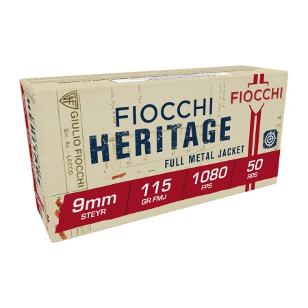 Fiocchi Heritage 9mm Steyr 115 Grain FMJ Brass Cased Pistol Ammo, 50 Rounds, 9SA