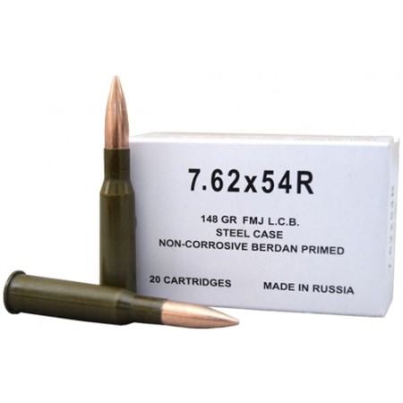 Wolf 7.62x54R 148 Grain FMJ Steel-Case Rifle Ammo - 20 round box