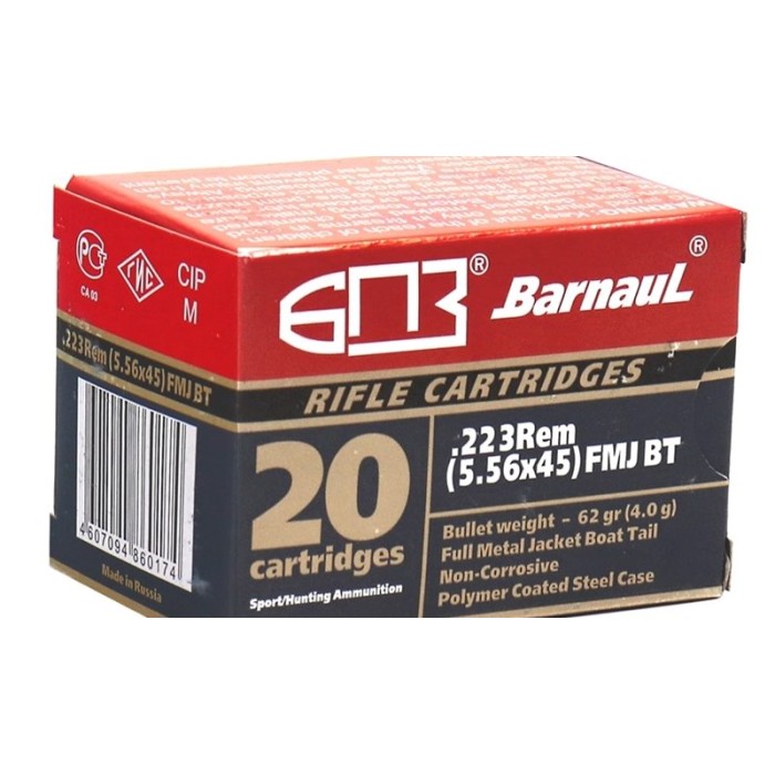 BARNAUL 223 REM 62gr FMJBT steel polycoated case 500RDS