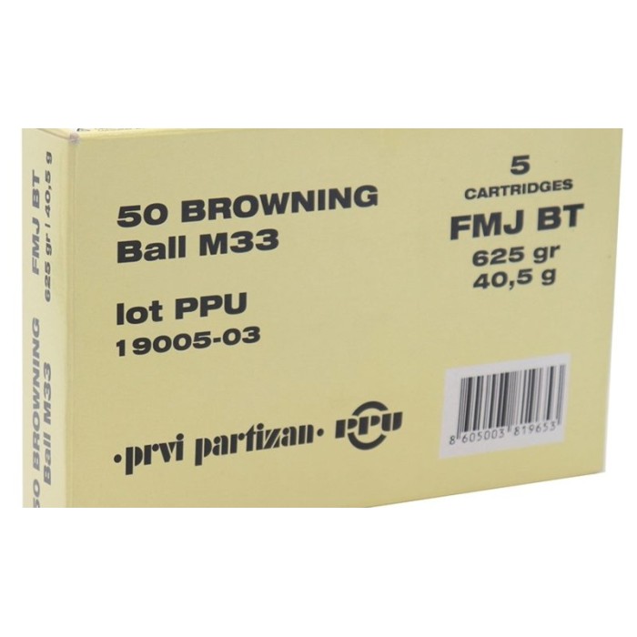 PPU Mil-Spec Brass .50 BMG 625-Grain 5-Rounds FMJBT