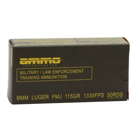 Ammo, Inc. Military/Law Enforcement Training 9mm Luger 115 grain Full Metal Jacket Brass Cased Pistol Ammo, 50 Rounds, 9115FMJ-MLE50