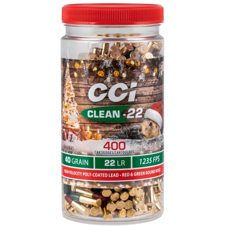 CCI Clean-22 Christmas Ammo 22 LR 40gr, Lead Round Nose Poly-Coated Red/Green 400 Rd Can