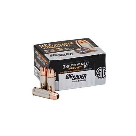 Sig Sauer 38 Super+P 125gr JHP V-Crown HP Ammunition, 20 Round Box - E38SUP1-20