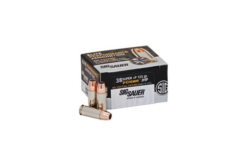 Sig Sauer 38 Super+P 125gr JHP V-Crown HP Ammunition, 20 Round Box - E38SUP1-20