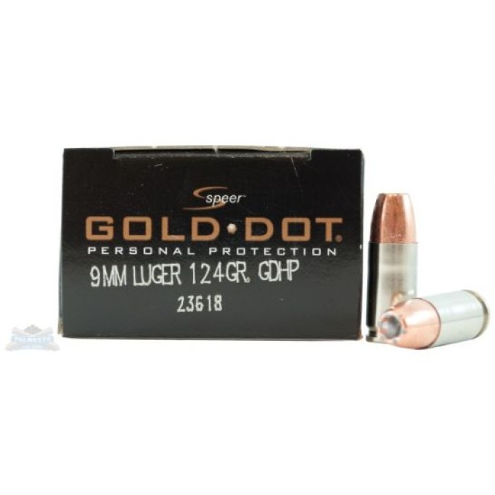 CCI Speer Gold Dot 9mm 124 Grain Hollow Point Ammo, 20 Round Box (23618)