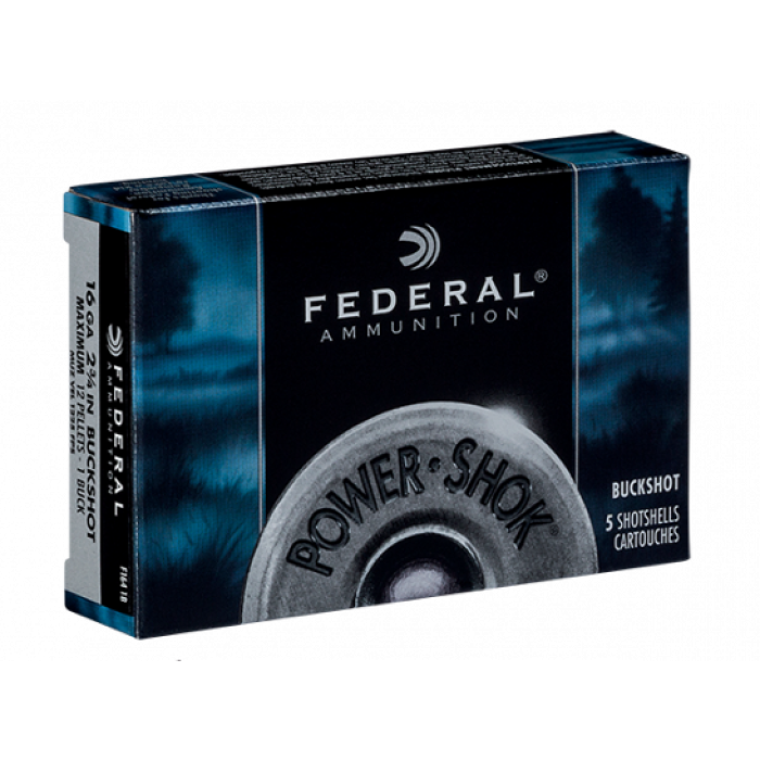 Federal 16ga 2.75" Max 12 Pellets 1 Buck Power-Shok Shotshell Ammunition 5 Shells - F164 1B