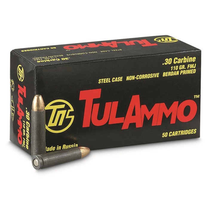 TulAmmo Rifle Ammunition .30 Carbine 110 gr FMJ 1990 fps 1000/ct Case, TA301100C