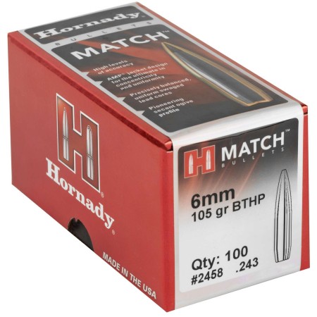 HORNADY Match 6mm 105gr BTHP 100/Box Rifle Bullets (2458)