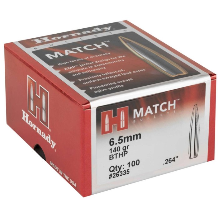 Hornady Match, .264 Diameter, 6.5MM, 140 Grain, Boat Tail Hollow Point, 100 Count 26335