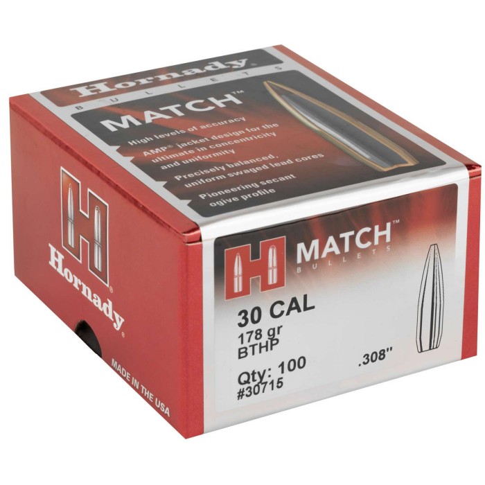 HORNADY Match .30 Cal 178Gr BTHP Rifle Bullets (30715)