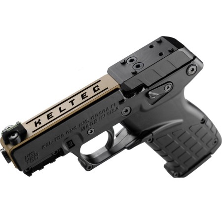 Kel-Tec P17 Sports South Exclusive 22 LR 16+1 3.80" Black Threaded Barrel, Exclusive Tan Optic Ready/Serrated Slide, Black Polymer Frame w/Picatinny Rail, Black Polymer Grip - P17BBLKORTANS