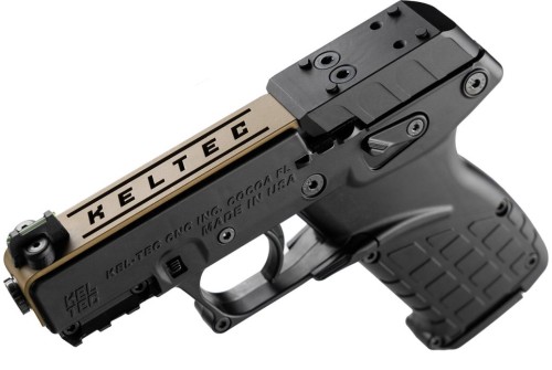 Kel-Tec P17 Sports South Exclusive 22 LR 16+1 3.80" Black Threaded Barrel, Exclusive Tan Optic Ready/Serrated Slide, Black Polymer Frame w/Picatinny Rail, Black Polymer Grip - P17BBLKORTANS