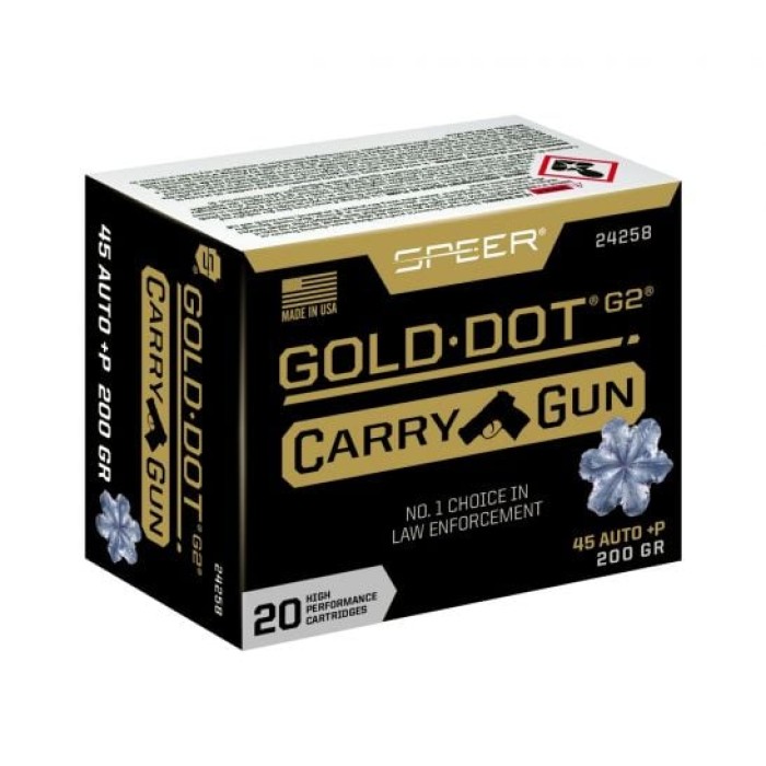 Speer Ammo 24258 Gold Dot Carry Gun 45 ACP +P 200 gr Hollow Point (HP) 20 Bx/ 10 Cs