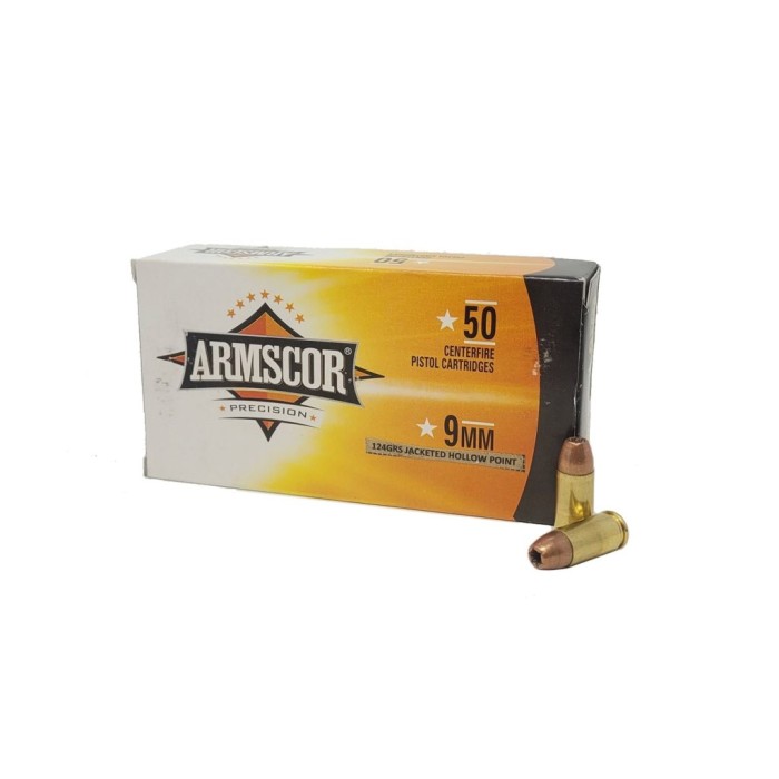 Armscor Precision 9mm ARM50036 124 Grain JHP Handgun Ammo - 50 Rounds - Dirty Bird Industries