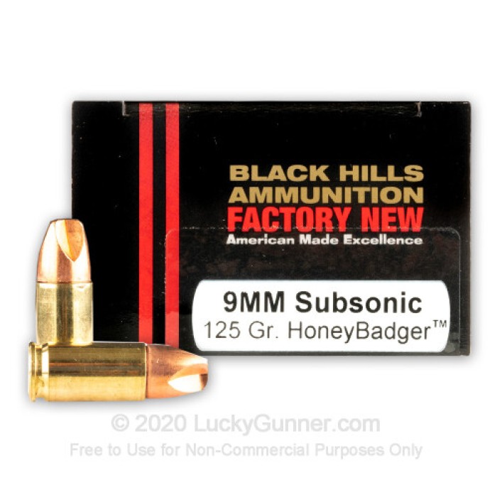 9mm - 125 Grain Subsonic HoneyBadger - Black Hills - 20 Rounds