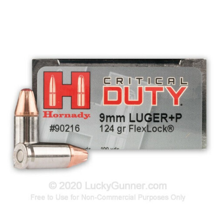 Hornady 90216 Critical Duty 9MM +P 124 Grain FlexLock Duty 250 Rd Bx