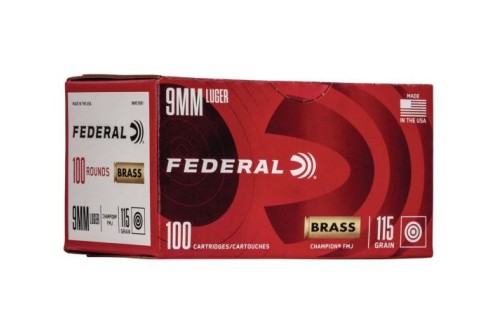 Federal Champion Training 9mm Luger 115 gr Full Metal Jacket (FMJ) 100 Bx/ 5 Cs - Brass Casing