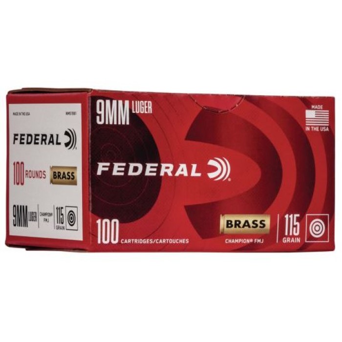 Federal Champion Training 9mm Luger 115 gr Full Metal Jacket (FMJ) 100 Bx/ 5 Cs - Brass Casing