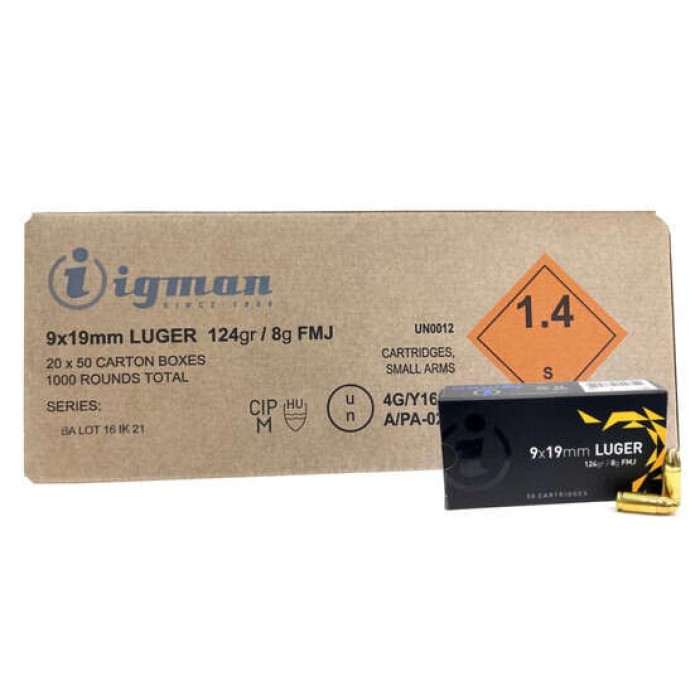 Igman 9x19mm 124 grain FMJ CASE1000 UPC: 3877002037061