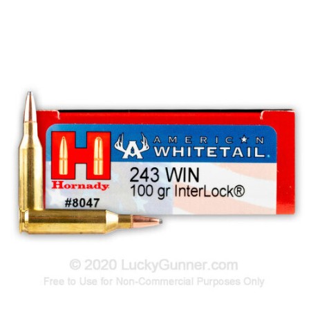 Hornady 8047 American Whitetail 243 Win 100 gr InterLock Boat-Tail Soft Point 200 Rd