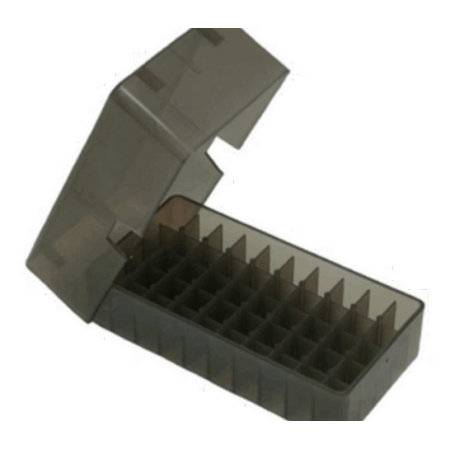 MTM 50 Round Square Hole 38/357 Clear-Smoke Slip-Top Ammo Box (E50-38-41)