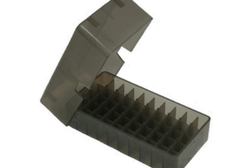 MTM 50 Round Square Hole 38/357 Clear-Smoke Slip-Top Ammo Box (E50-38-41)