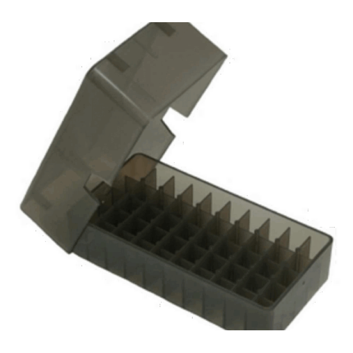 MTM 50 Round Square Hole 38/357 Clear-Smoke Slip-Top Ammo Box (E50-38-41)