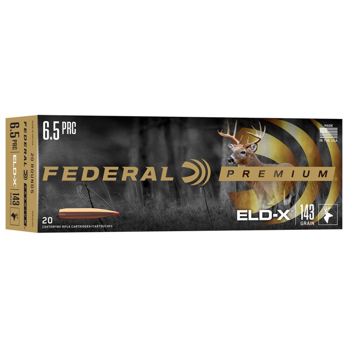 Federal P65prceldx1 Eld-X Premium 6.5 Prc 143 GR 20 Per Box/ Extremely Low Drag-Expanding (Eld-X) Per Box/ 10 CS