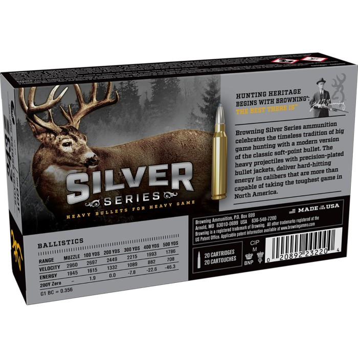 Browning SILVER SERIES 243 WIN 100 Grain Plated Soft Point Brass Rifle Ammo, 20 Rounds, B192602431