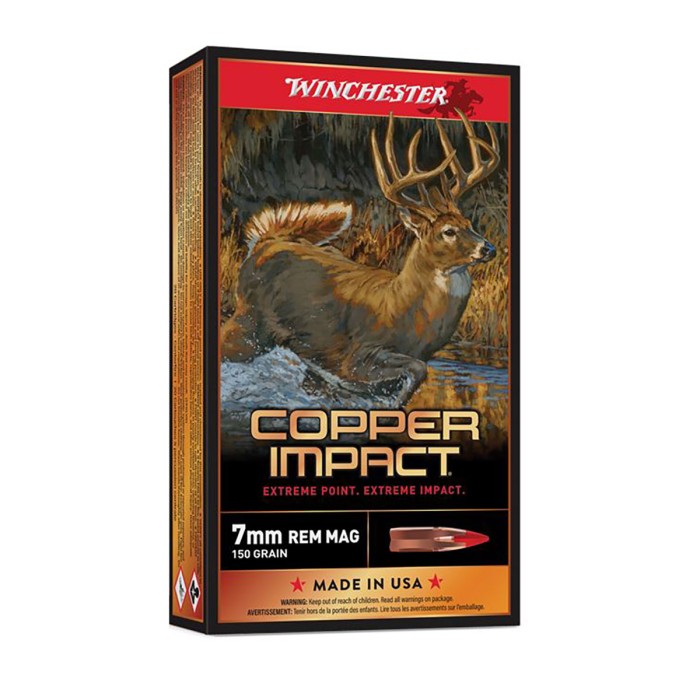 Winchester COPPER IMPACT 7mm REM MAG 150 Grain Extreme Point Copper Brass Rifle Ammo, 20 Rounds, X7MMCLF