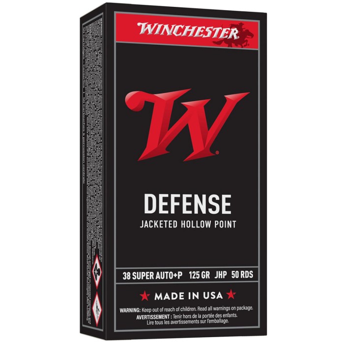 Winchester USA WHITE BOX 38 Super Auto 125 Grain Jacketed Hollow Point Brass Pistol Ammo, 50 Rounds, USA38AJHP