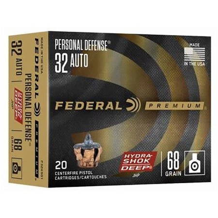 Federal Personal Defense Hydra-Shok Deep Ammunition .32 Auto 68gr JHP 1000 fps 20/ct