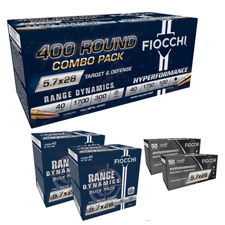 Fiocchi 5.7x28mm 40 grain Full Metal Jacket Brass Cased Pistol Ammo, 400 Rounds, 57COMPT