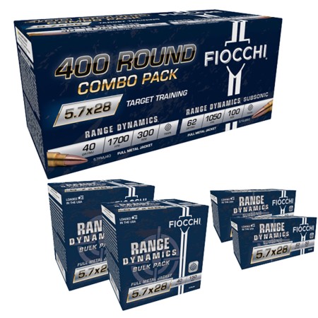 Fiocchi 5.7x28mm 40 grain Full Metal Jacket Brass Cased Pistol Ammo, 400 Rounds, 57COMSUB