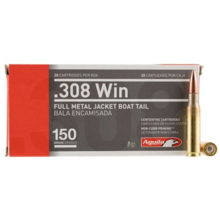 Aguila Centerfire 308 150 grain Full Metal Jacket Boat Tail Rifle Ammo, 20/Box - 1E308110