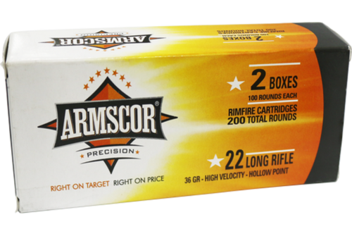 Armscor 50321 Rimfire 
22 Long Rifle (LR) 36 GR High Velocity Hollow Point 200 Bx/ 11 CS