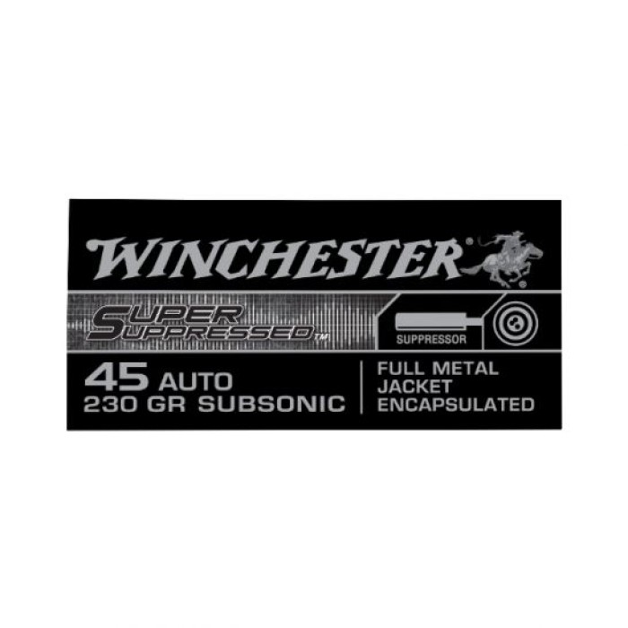 Winchester .45 Auto/ACP 230gr FMJ Super Suppressed Ammo, 50 Rounds - SUP45