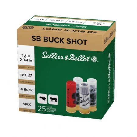 Sellier & Bellot 12ga 2.75" 27 Pellets #4 Buckshot Lead Shotshell Ammunition, 25 Rounds - SB12BSB