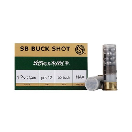 Sellier & Bellot 12ga 2.75" 12 Pellets 00 Buckshot Shotshell Ammunition, 25 Rounds - SB12BSC